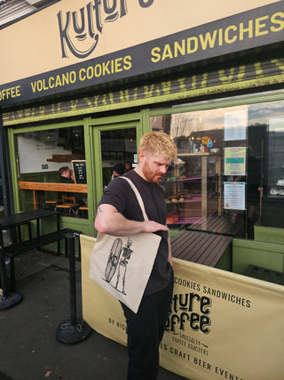 Skeleton Surfer Sipping Coffee Tote Bag