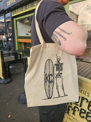 Skeleton Surfer Sipping Coffee Tote Bag